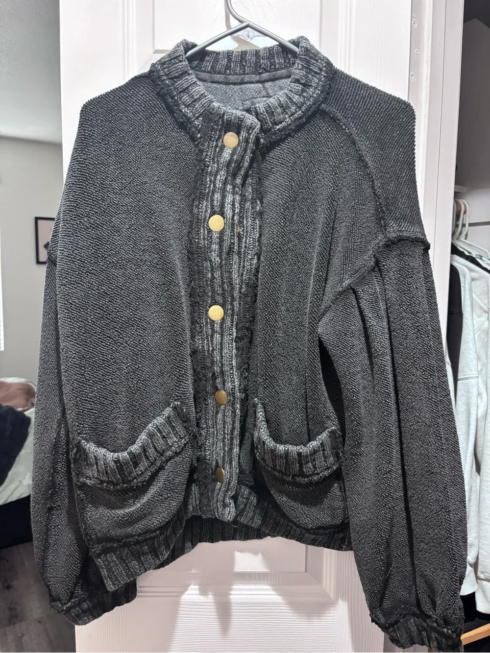 We The Free Charcoal Gray Button-Front Knit Cardigan